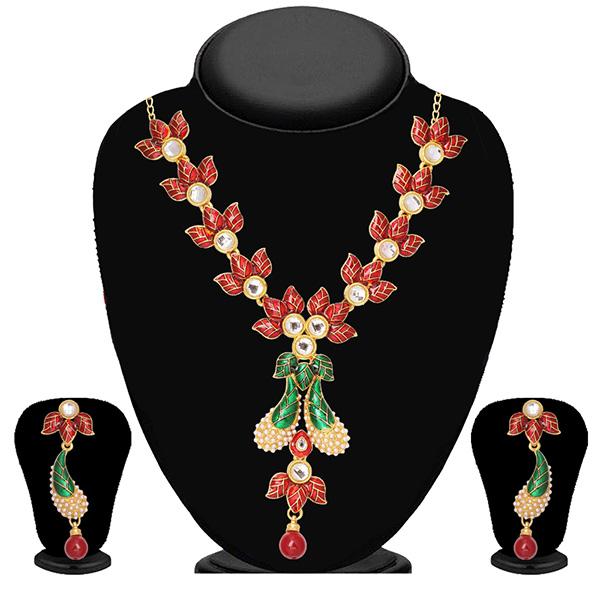 Soha Fashion Red Meenakari Stone Drop Necklace Set - 2201508