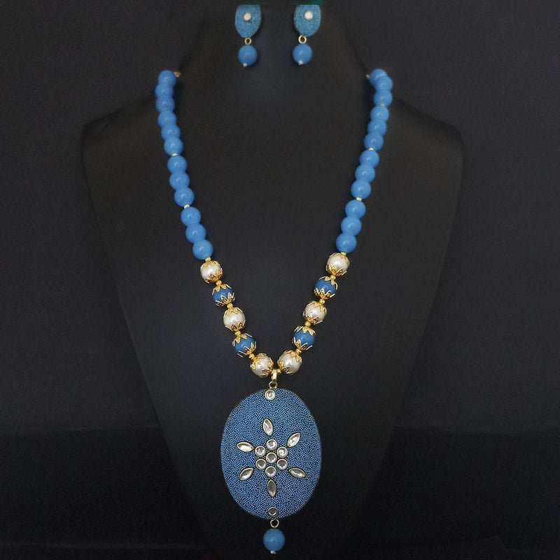 Kriaa Blue Beads And Kundan Gold Plated Necklace Set - 2800335