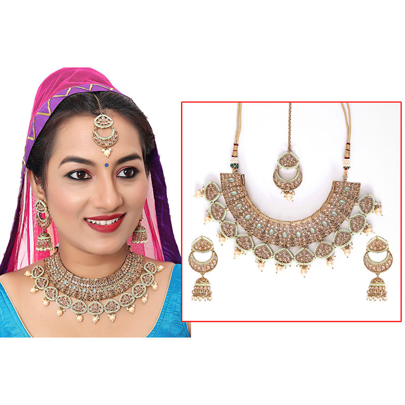 Kayaa Kayaa Brass Kundan Mint Green Necklace Set with Earrings and Maangtikka