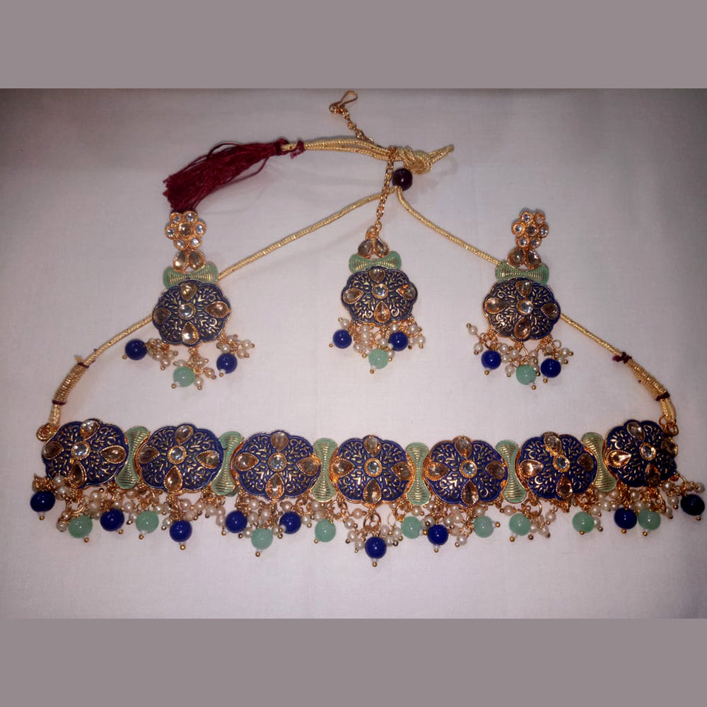 Jinu Arts Kundan & Meenakari Blue Choker Necklace Set With Maangtikka