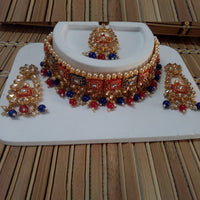 Jinu Arts Meenakari Kundan Blue & Red Choker Necklace Set With Maangtikka