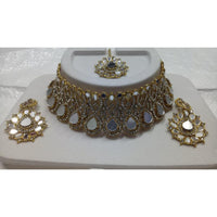 Jinu Arts Gold Plated Austrian Stone Kundan Mirror Choker Necklace SetWith Maangtikka  - 2900325