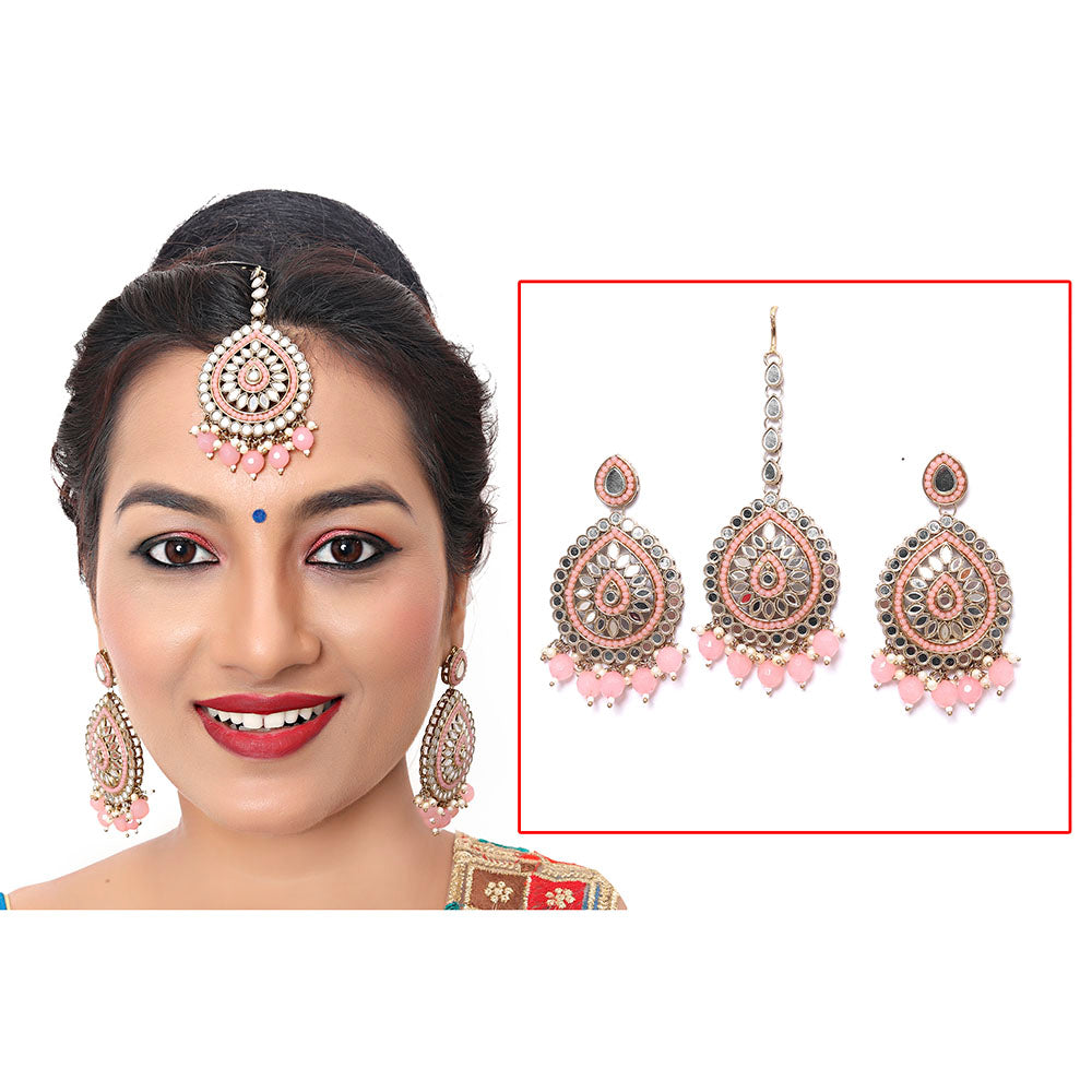 Kayaa Gold Plated Mirror BabyPink Earring and Maang Tikka Set for Women