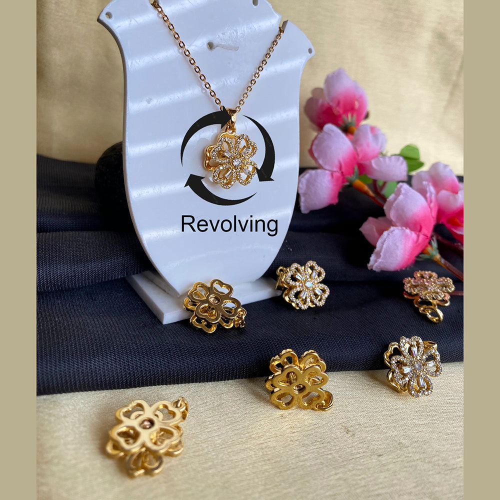 Mahavir Ad Stone Gold Plated Floral Revolving Chain Pendant