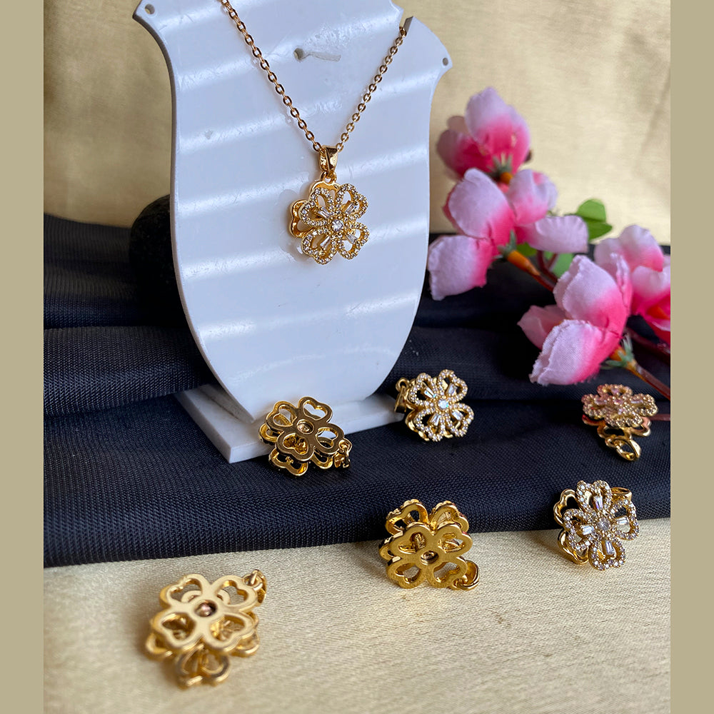 Mahavir Ad Stone Gold Plated Floral Revolving Chain Pendant