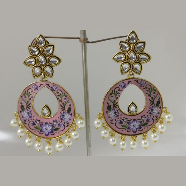 Midas Touch Gold Plated Pink Meenakari And Kundan Dangler Earrings - 90266