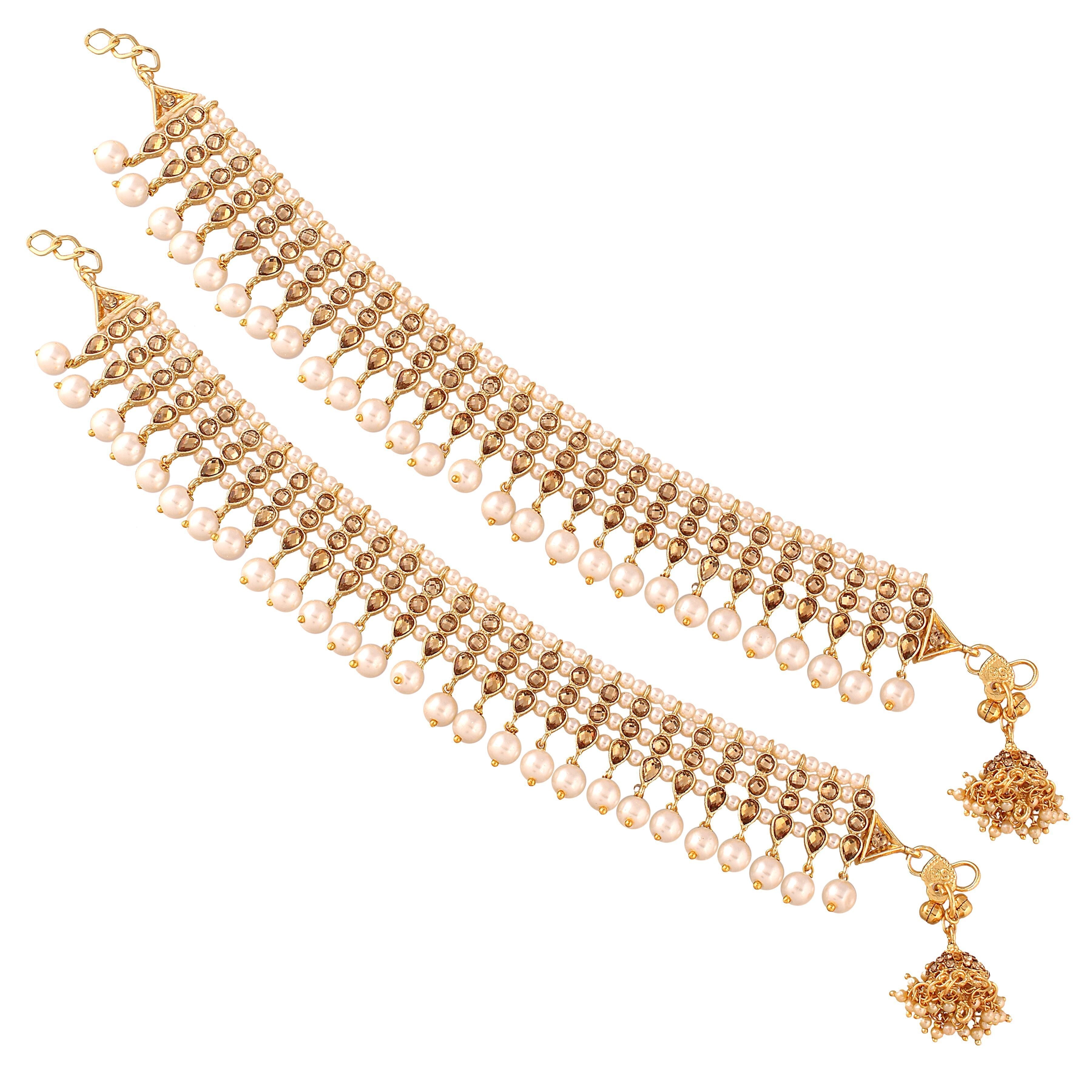 Etnico Gold Plated Kundan & pearl Studded Adjustable Bridal Anklets/Payal For Women/Girls (A035W)