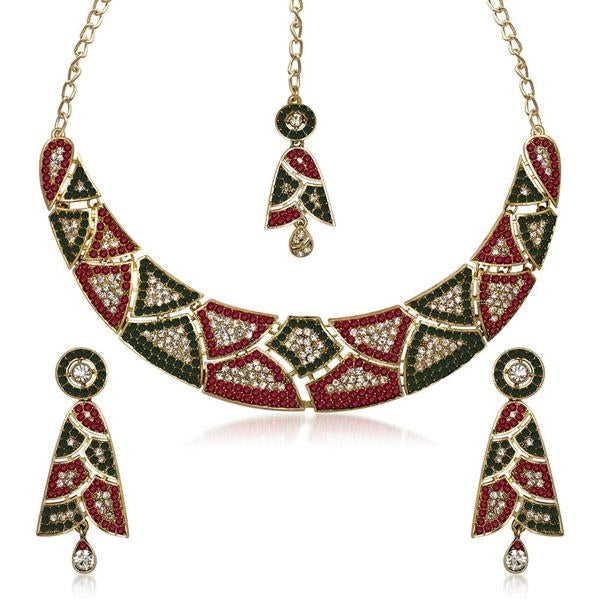 Kriaa Gold Plated Austrian Stone Necklace Set With Maang Tikka - 1105301