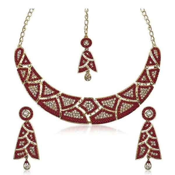 Kriaa Gold Plated Austrian Stone Necklace Set With Maang Tikka - 1105303