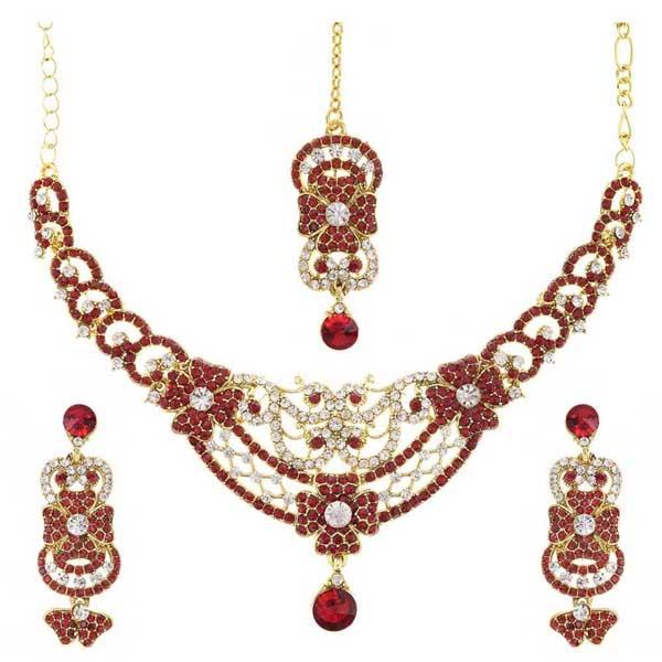 Kriaa Gold Plated Austrian Stone Necklace Set With Maang Tikka - 1105315