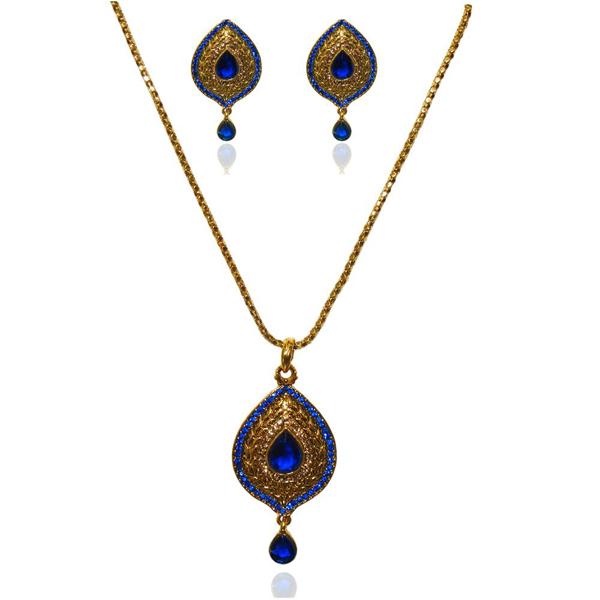 Kriaa Gold Plated Blue Austrian Stone Pendant Set - 2100507