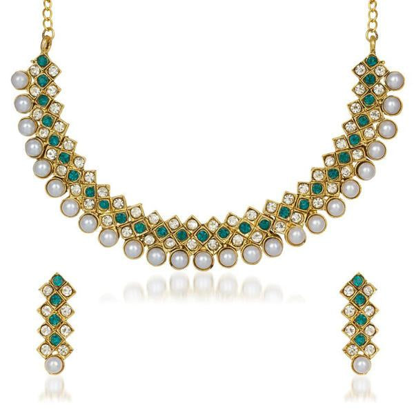 Kriaa Green And White Stone And Pearl Necklace Set - 2101502