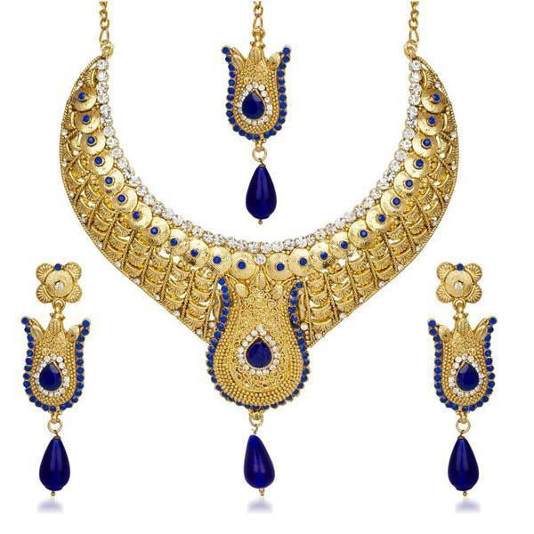 Kriaa Blue Stone Necklace Set With Maang Tikka - 2101503