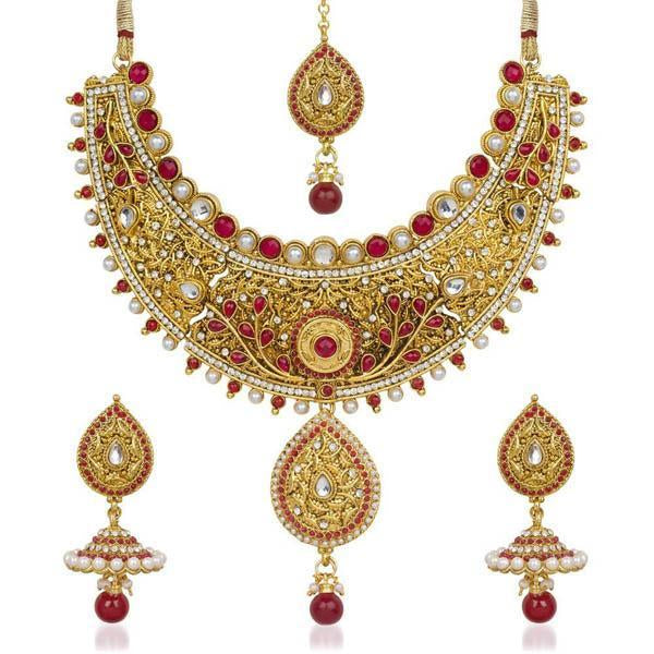 Kriaa Maroon Pota Stone Necklace Set With Maang Tikka-WN - 2101601