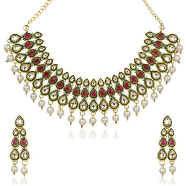 Kriaa Red Stone Kundan Necklace Set