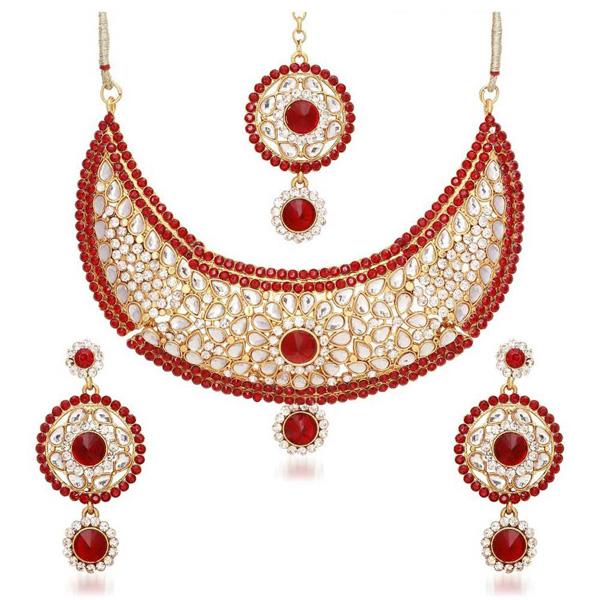 Kriaa Red Stone Necklace Set With Maang Tikka