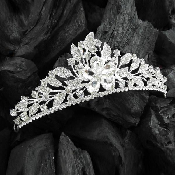 Kriaa Silver Plated White Austrian Stone Floral Crown - 1503606A