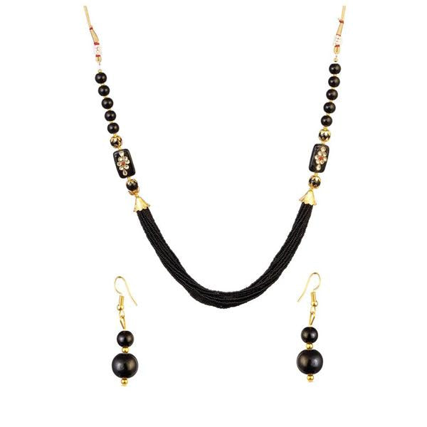 Kriaa Gold Plated Black Beads Kundan Necklace Set - 2800319L