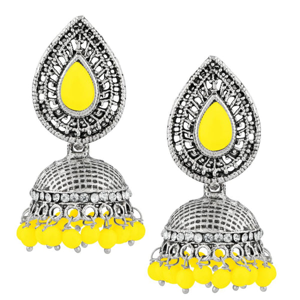 Kriaa Yellow Beads And Stone Silver Plated Jhumki Earrings - 1311501G