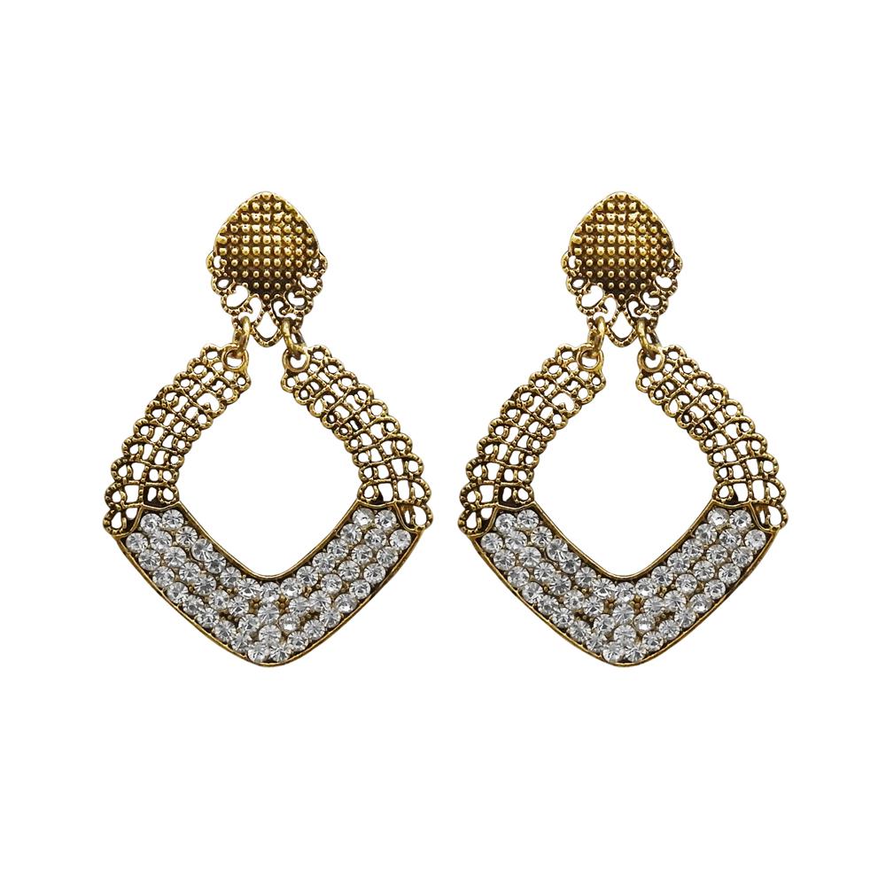 Kriaa Antique Gold Plated White Austrian Stone Dangler Earrings - 1312009