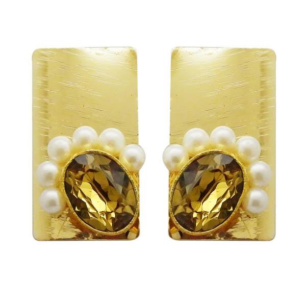 Kriaa Gold Plated Brown Resin Stone Pearl Dangler Earrings - 1311408H
