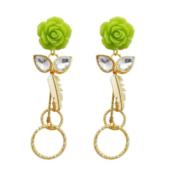 Kriaa Green Resin Stone Gold Plated Floral Dangler Earrings - 1311409G