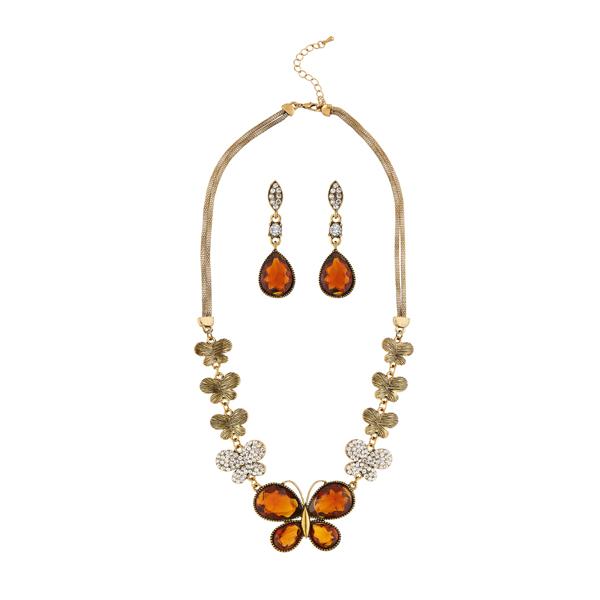 Kriaa Brown Austrian Stone Antique Gold Plated Necklace Set - 1109001C