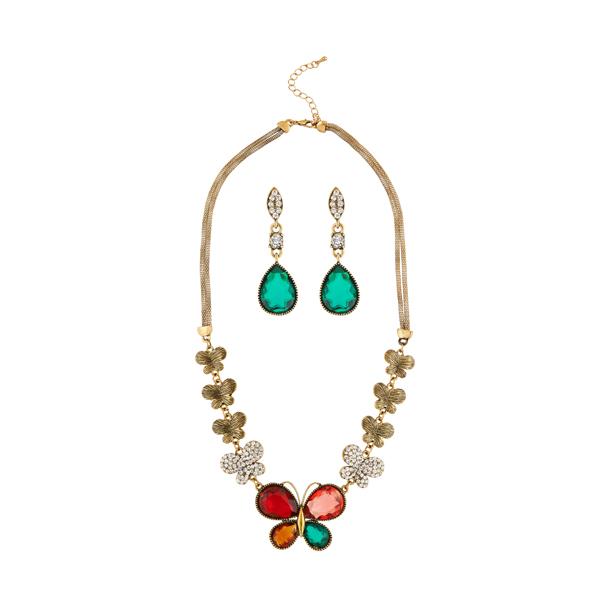 Kriaa Multicolor Austrian Stone Antique Gold Plated Necklace Set - 1109001E