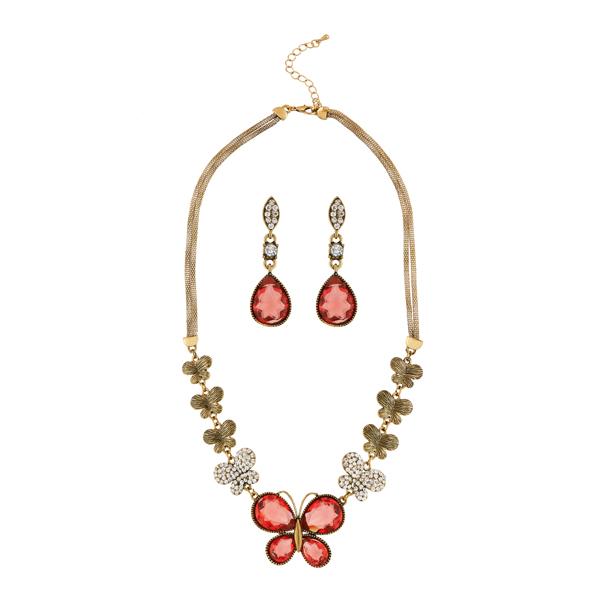 Kriaa Red Austrian Stone Antique Gold Plated Necklace Set - 1109001F