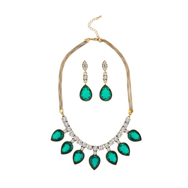 Kriaa Green Austrian Stone Antique Gold Plated Necklace Set - 1109002B