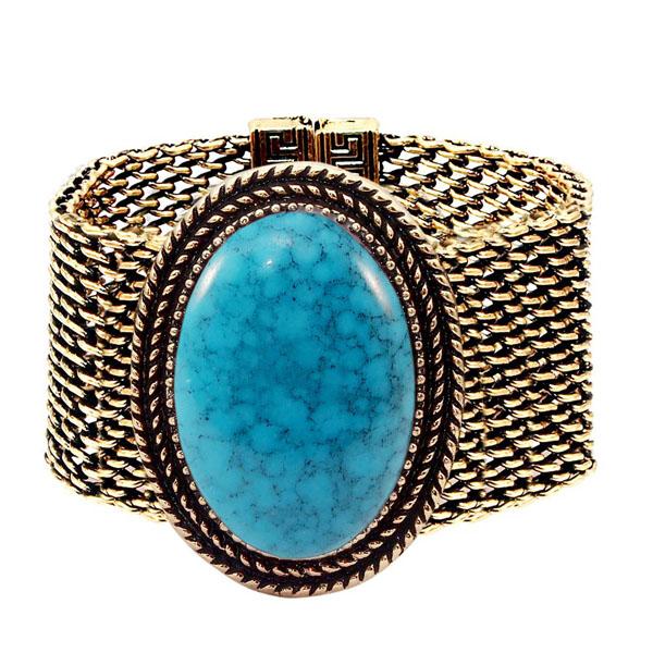 Urthn Blue Turquoise Texture Stone Antique Gold Bracelet - 1402419C