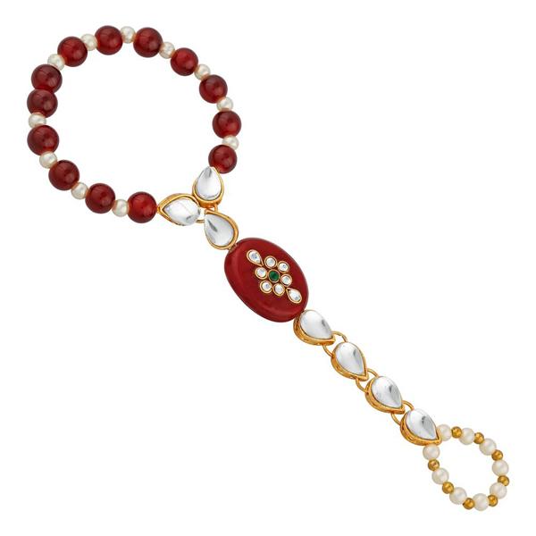 Urthn Maroon Pearl Gold Plated Kundan Hand Harness - 1502326I