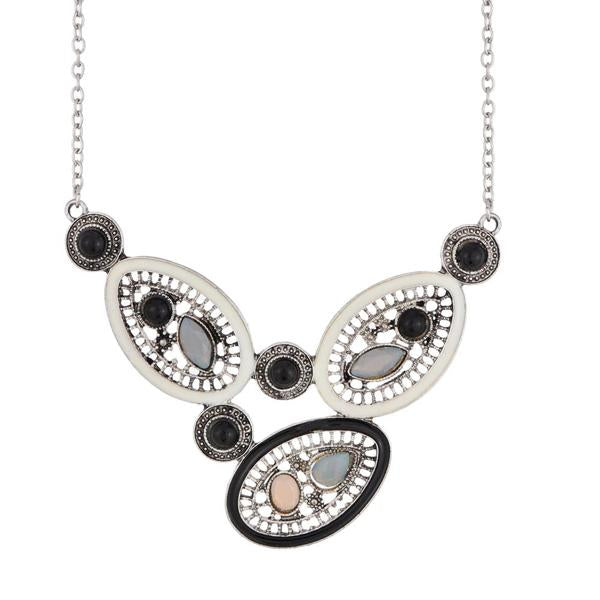 Urthn Black Stone Rhodium Plated Statement Necklace - 1110730C