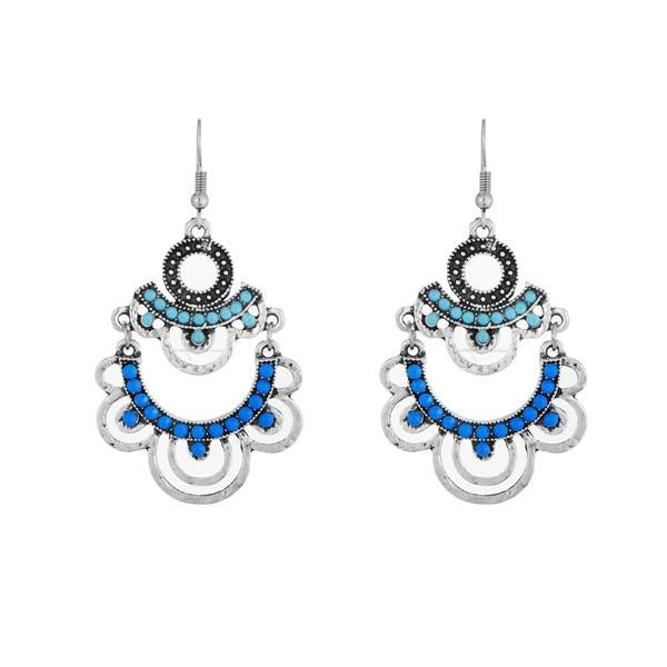 Urthn Blue Resin Stone Rhodium Plated Dangler Earrings - 1311803B