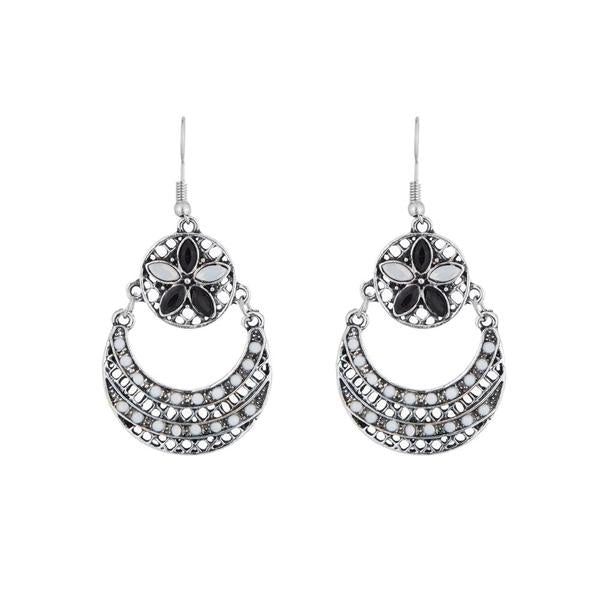 Urthn Black Resin Stone Rhodium Plated Dangler Earrings - 1311805C