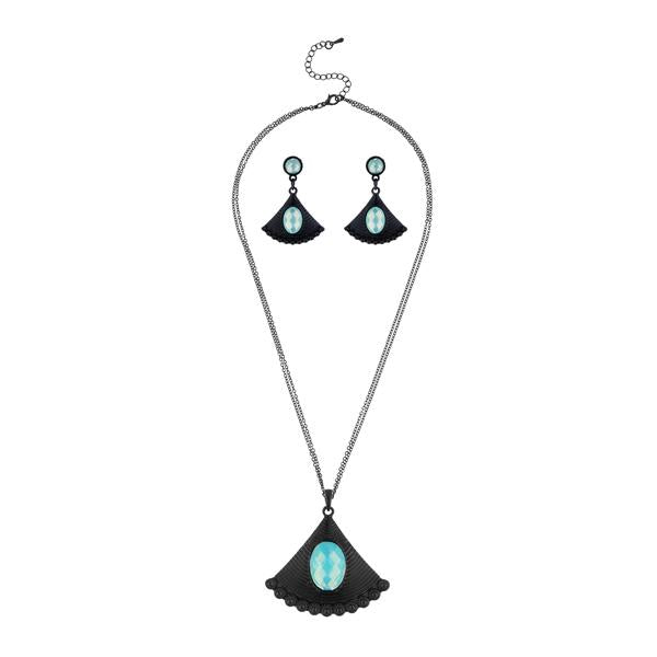 Urthn Oxidised Plated Blue Resin Stone Statement Necklace Set - 1107101C