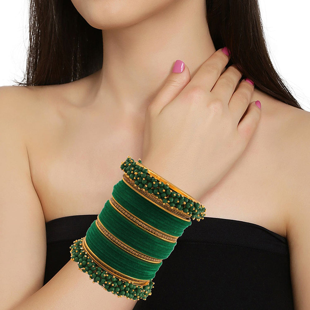 Etnico Gold Plated Traditional Velvet Chuda Bangle Set With Pearl Kada for Men (ADB315G-a) (Pack of 1) (Green)