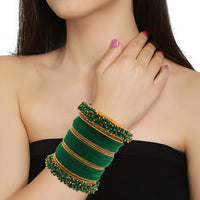 Etnico Gold Plated Traditional Velvet Chuda Bangle Set With Pearl Kada for Men (ADB315G-a) (Pack of 1) (Green)