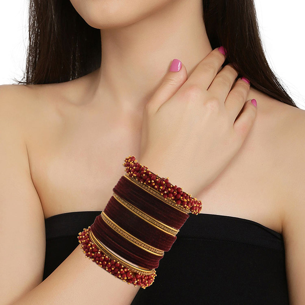 Etnico Gold Plated Traditional Pink Velvet Chuda Bangle Set With Pearl Kada (ADB315Pi-a) (Pack of 1)
