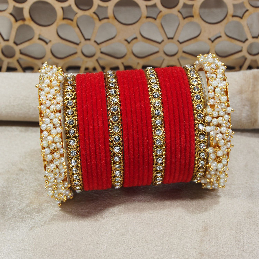 Etnico Gold Plated Traditional Velvet Chuda Bangle Set With Pearl Kada for Women & Girls (ADB316R-a) (Pack of 1) (Red)