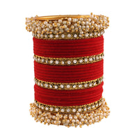 Etnico Gold Plated Traditional Velvet Chuda Bangle Set With Pearl Kada for Women & Girls (ADB316R-a) (Pack of 1) (Red)