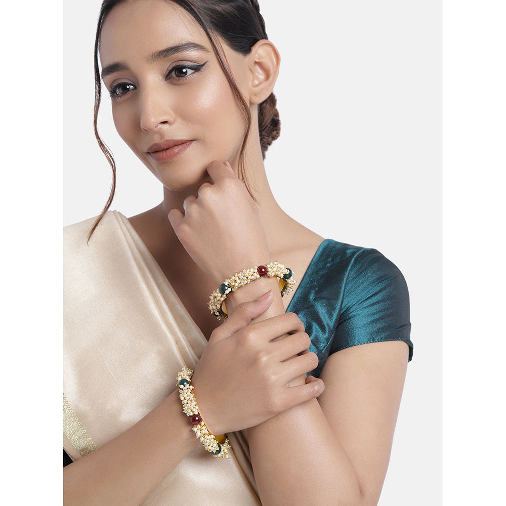 Etnico Gold Plated Traditional Pearl Beaded Bangle Set For Women (ADB319W-a) (Pack of 2)
