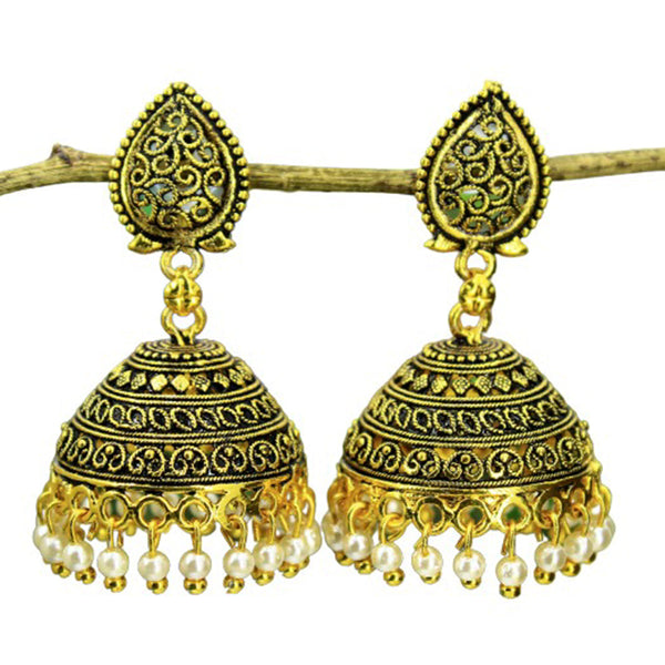 Mahavir Gold Plated & White Beads Jhumiki Earrings
