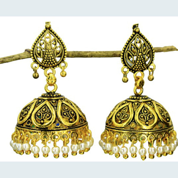 Mahavir Gold Plated & White Beads Jhumiki Earrings