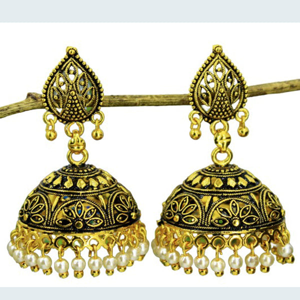 Mahavir Gold Plated  & White Beads Jhumki Earrings