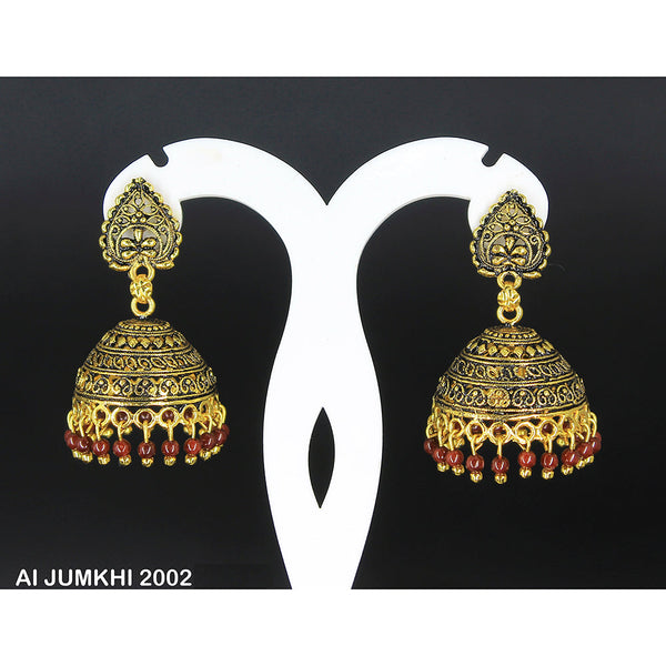 Mahavir Gold Plated Maroon Beads Jhumki Earrings -AI Jumkhi 2002