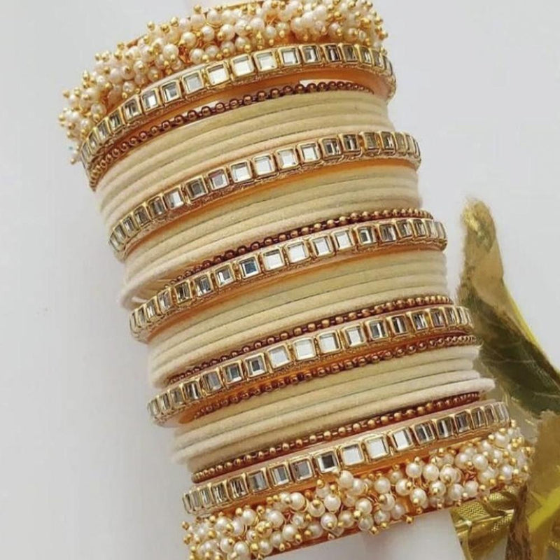 Martina Jewels Pack Of 6 Traditional Gold Plated Thread & Mirror And Pearl Bangles Set - BG-109