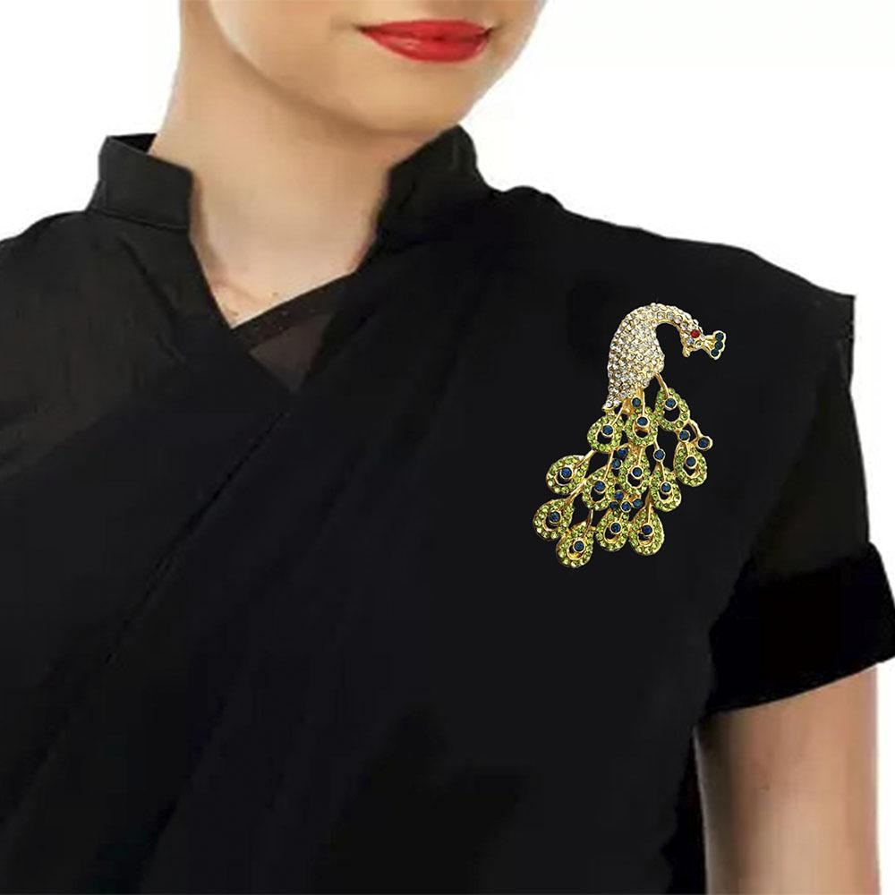 Mahi Gold Plated Plated Green Crystal Studed Peacock Brooch For Women