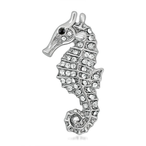 Mahi Rhodium Plated Gleaming Crystal Sea Horse Unisex Lapel Pin