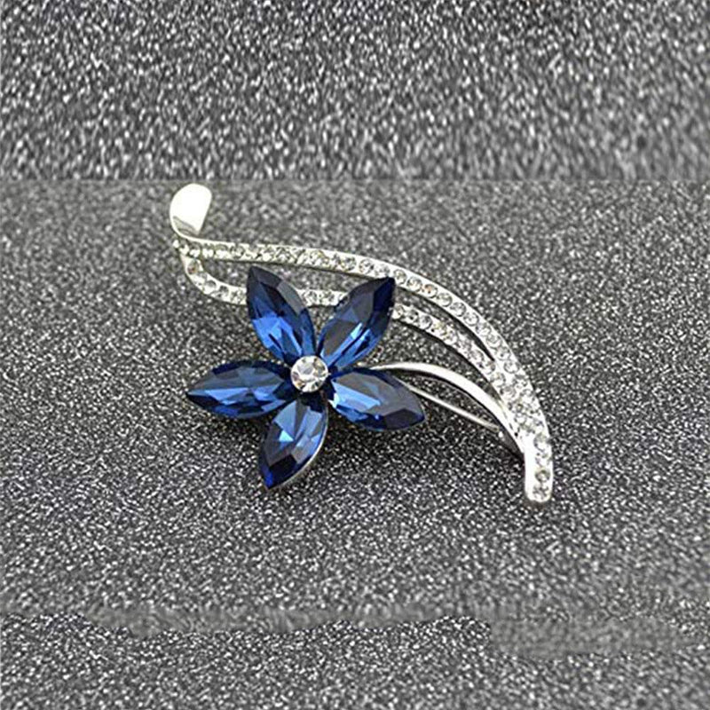 Mahi Rhodium Plated Floral Designer Montana Blue Crystal Brooch for girls and women